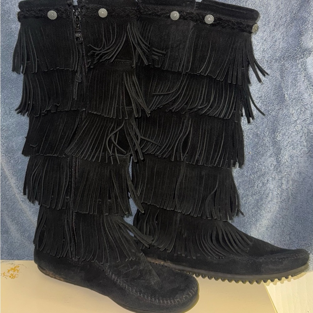 Minnetonka Black Suede Over-the-Knee Fringe Boots